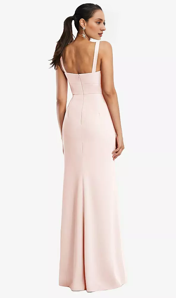 Front slit bucket collar wide shoulder strap crepe horn and floor length Prom dress