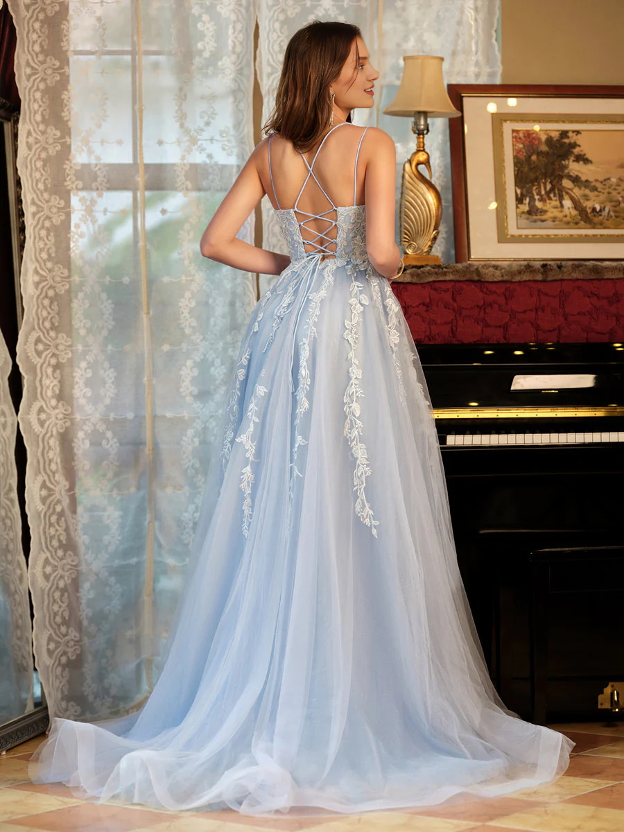 A-line princess chiffon thin shoulder strap embroidered long ball dress