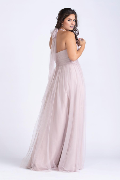 V-neck hanging neck sheer pleated backless and floor length evening dress
