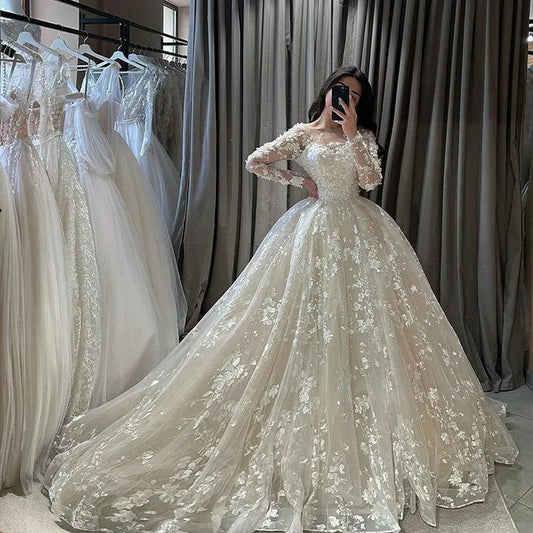 3D Lace Wedding Dresses 3D Lace Long Sleeve Appliques Bride Dress Vintage Appliques Wedding Gowns