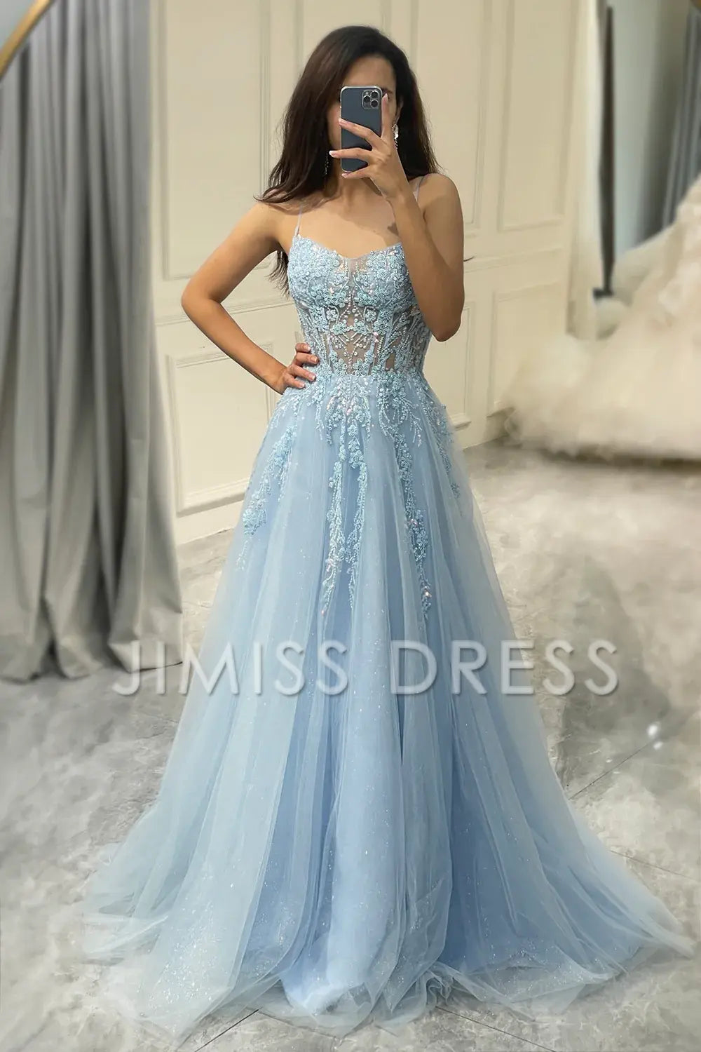 A Line Fuchsia spaghetti strap sheer long applique Prom dress