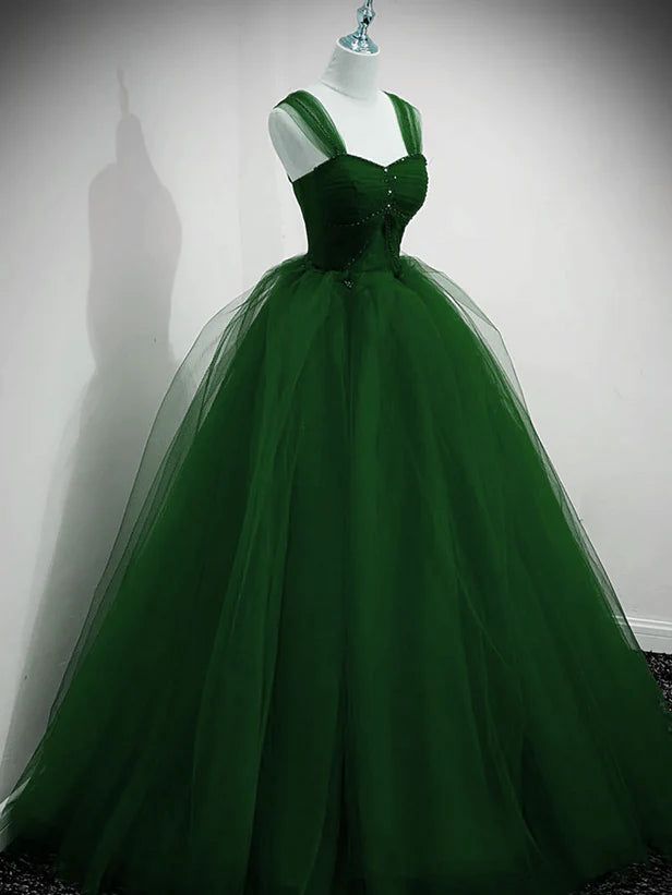 Beaded Tulle Off Shoulder Long Party Dress Tulle A line Prom Dress Ball Gown Quinceanera Dress