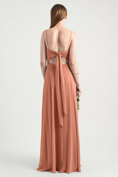 square neckline thin shoulder strap backless side slit and floor length evening dress