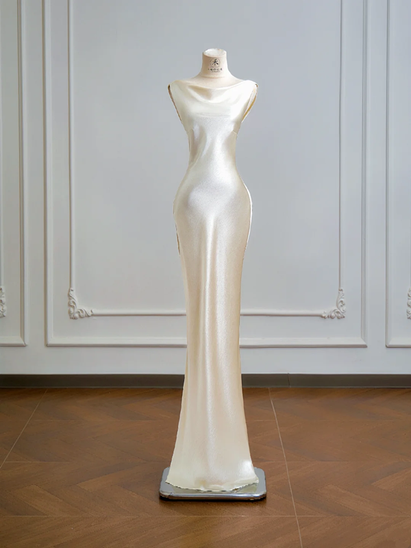 Champagne-colored satin fitted backless bodycon long ball gown R8161