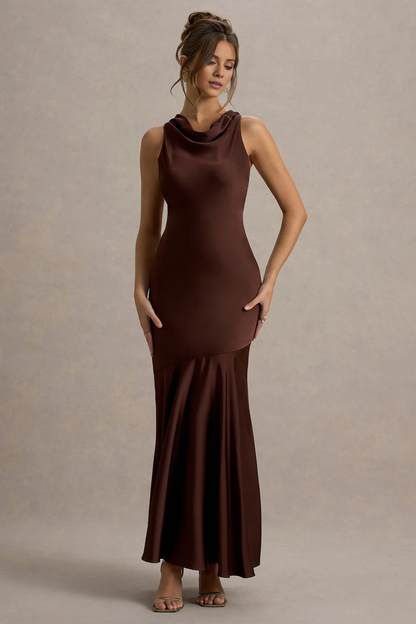 Satin high neck backless and floor length evening dress - dress