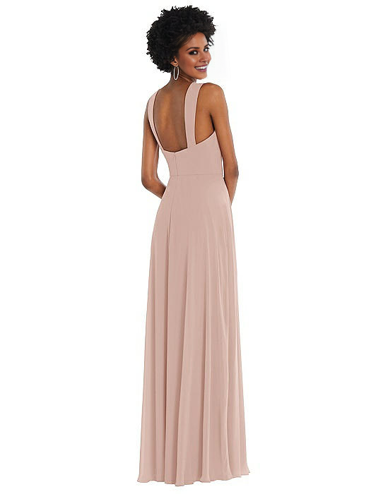 square neckline off shoulder sleeveless backless side slit and floor length Prom dress