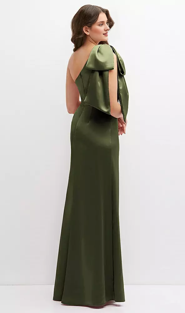 Unique oversized shoulder bow one shoulder satin long Prom dress