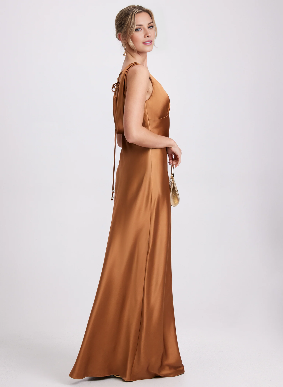 V-neck sleeveless satin backless long Prom dress