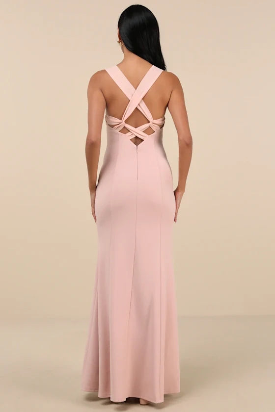 V collar off shoulder sleeveless backless side slit and floor length evening dress