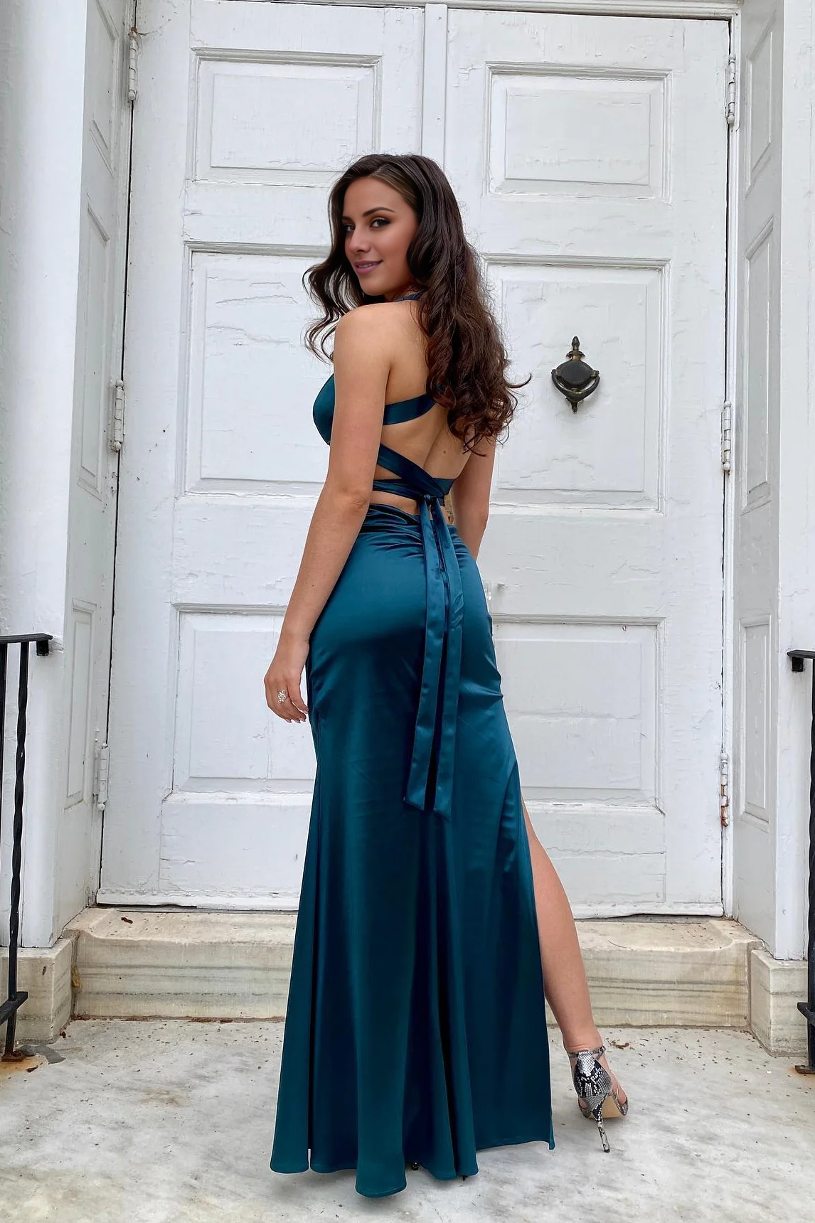 V-neck dark blue cross back long dress