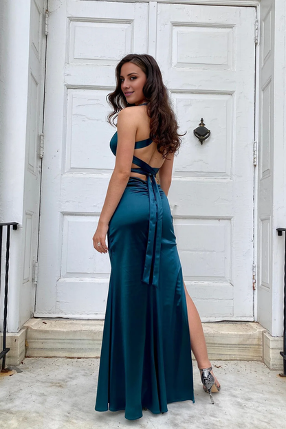 V-neck dark blue cross back long dress