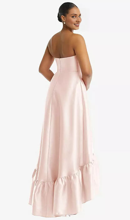 Pocket strapless deep ruffle hem satin high low prom dress