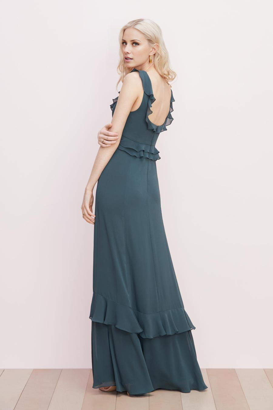 square neckline short sleeved backless ruffle edge and floor length evening dress