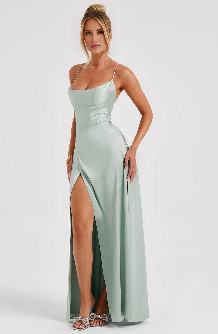 square neckline off shoulder sleeveless thin shoulder strap backless and floor length Prom dress