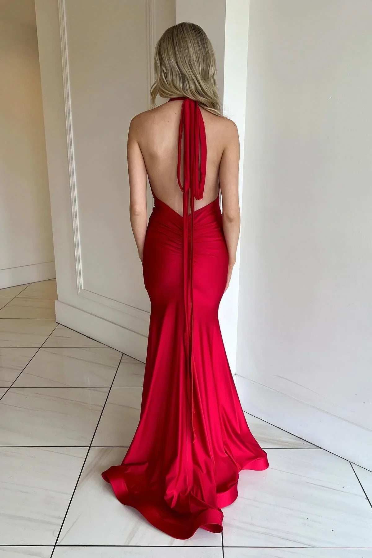 Red Low chested Bareback Mermaid Long Dress