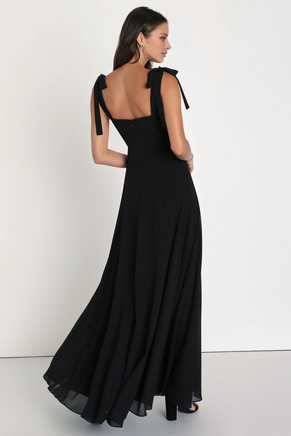 square neckline lace up shoulder exposed back side slit and floor length Prom dress