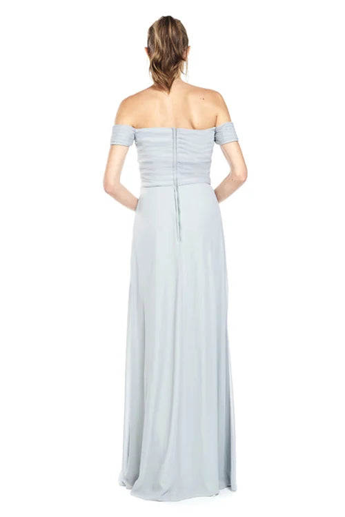 off shoulder collar sleeveless strapless backless and floor length Prom dress