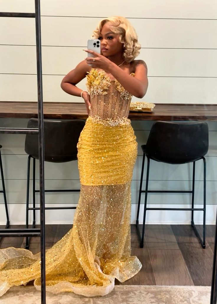 Gold Mermaid Prom Dress Evening Formal Party Birthday Engagement Gowns