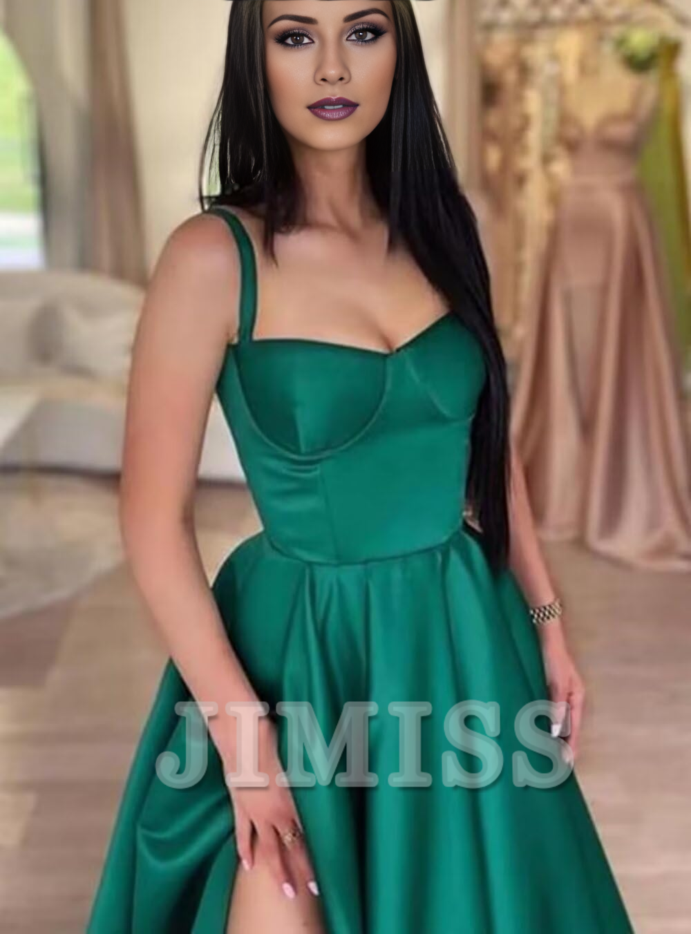 Thin shoulder strap satin ball gown with long A-line slit and pleated formal party evening gown
