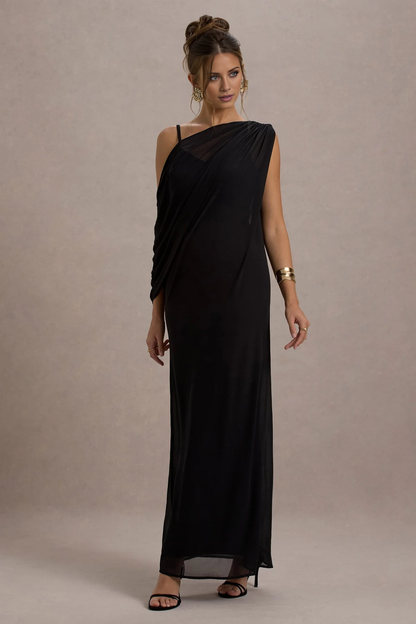 Chiffon ribbon black V-neck and floor length evening dress - Dress