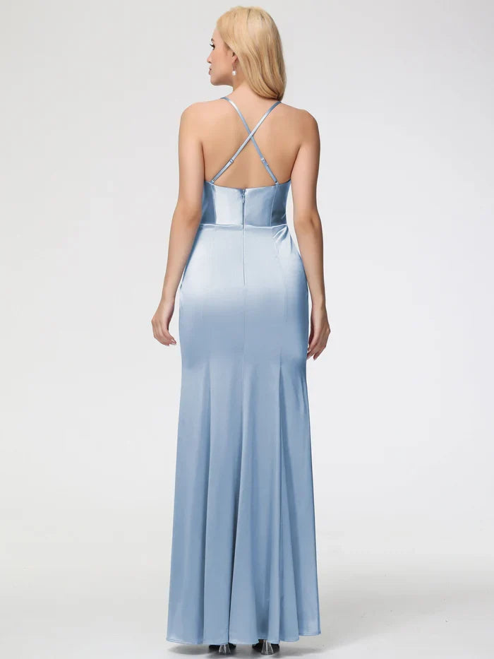 sleeveless shawl with thin shoulder strap and trumpet shape/mermaid slit satin Prom dress