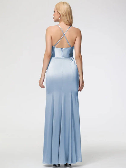sleeveless shawl with thin shoulder strap and trumpet shape/mermaid slit satin Prom dress
