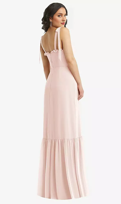 Shoulder tie tight corset ruffled hem Prom dress
