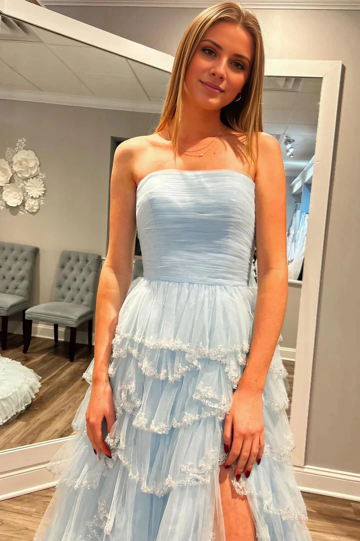 off shoulder light blue sequined layered A-line long dress