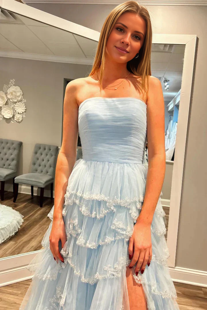 off shoulder light blue sequined layered A-line long dress