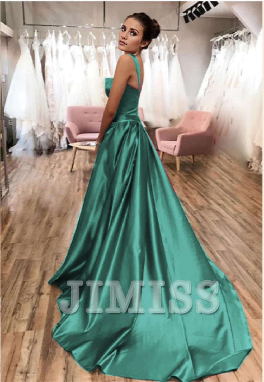 Thin shoulder strap satin ball gown with long A-line slit and pleated formal party evening gown