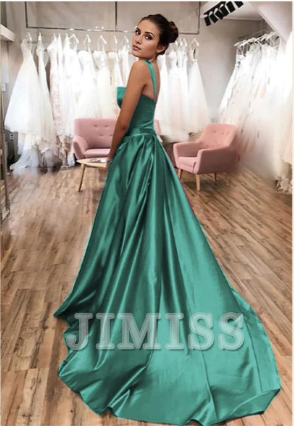 Thin shoulder strap satin ball gown with long A-line slit and pleated formal party evening gown