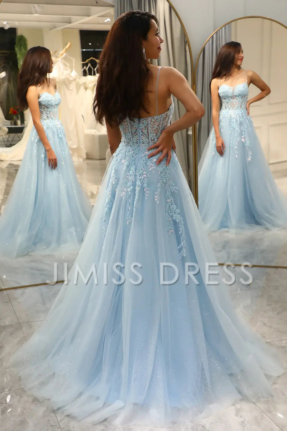 A Line Fuchsia spaghetti strap sheer long applique Prom dress