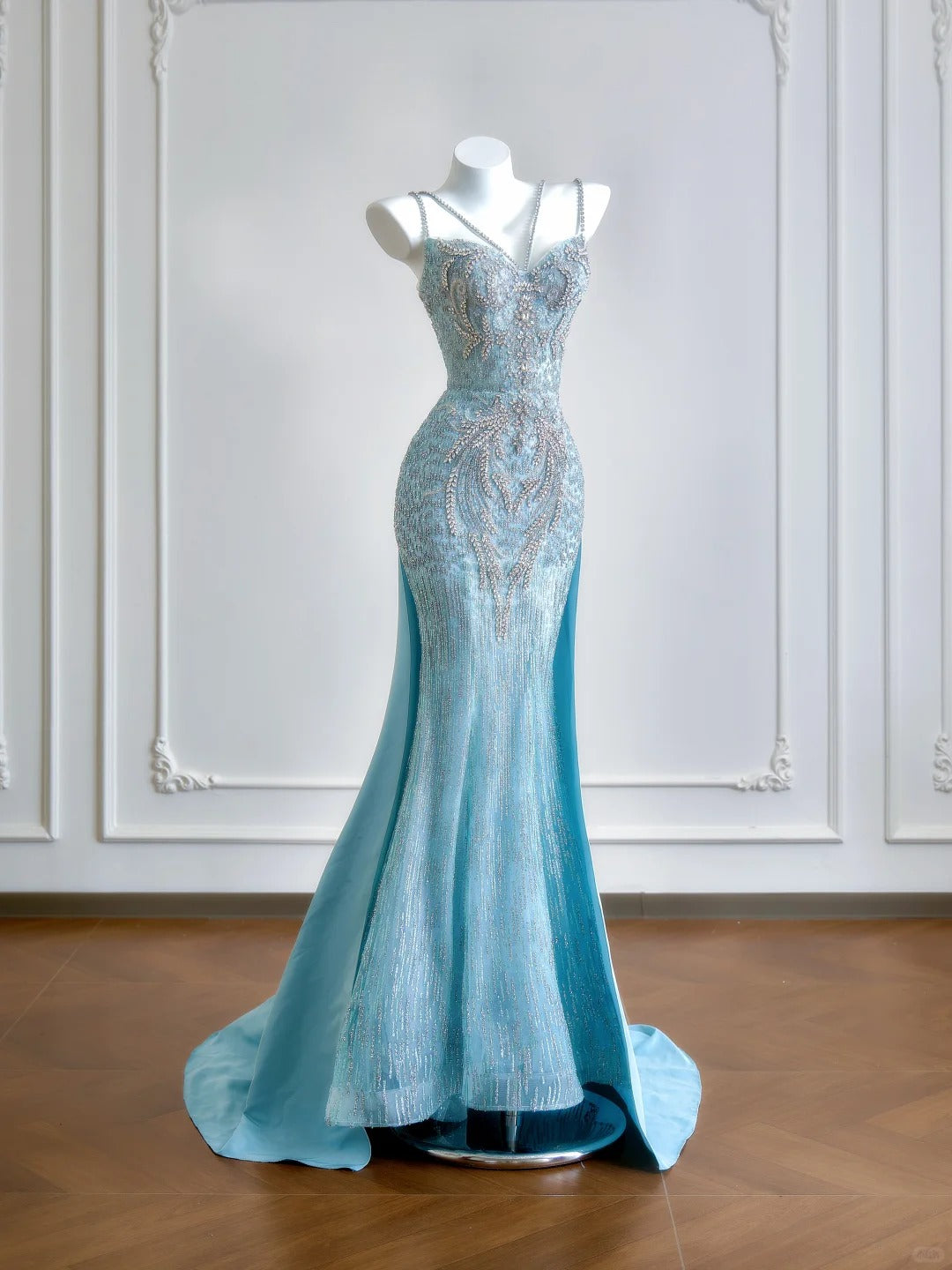 Girlhomeshops--Aqua blue mermaid tail exquisite beaded long floor-length tulle prom dress gh5484