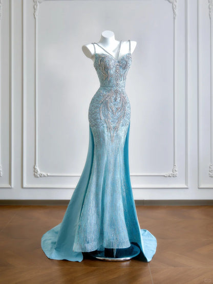 Girlhomeshops--Aqua blue mermaid tail exquisite beaded long floor-length tulle prom dress gh5484