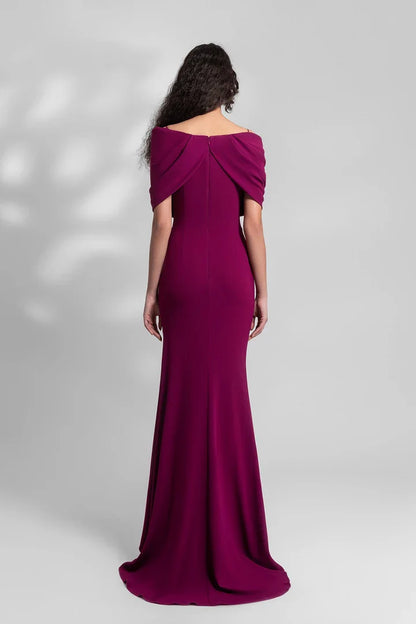 Hanging off shoulder crepe side slits and floor length gowns evening dresses