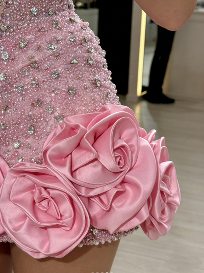 Gorgeous Pink Sequin Beaded Sheath Cocktail Dress Sexy Homecoming Dress With Rose Flowers Y8962