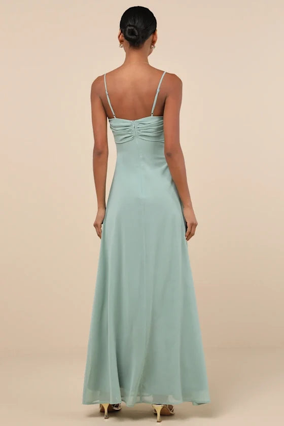 square neckline off shoulder sleeveless thin shoulder strap off back and floor length evening dress