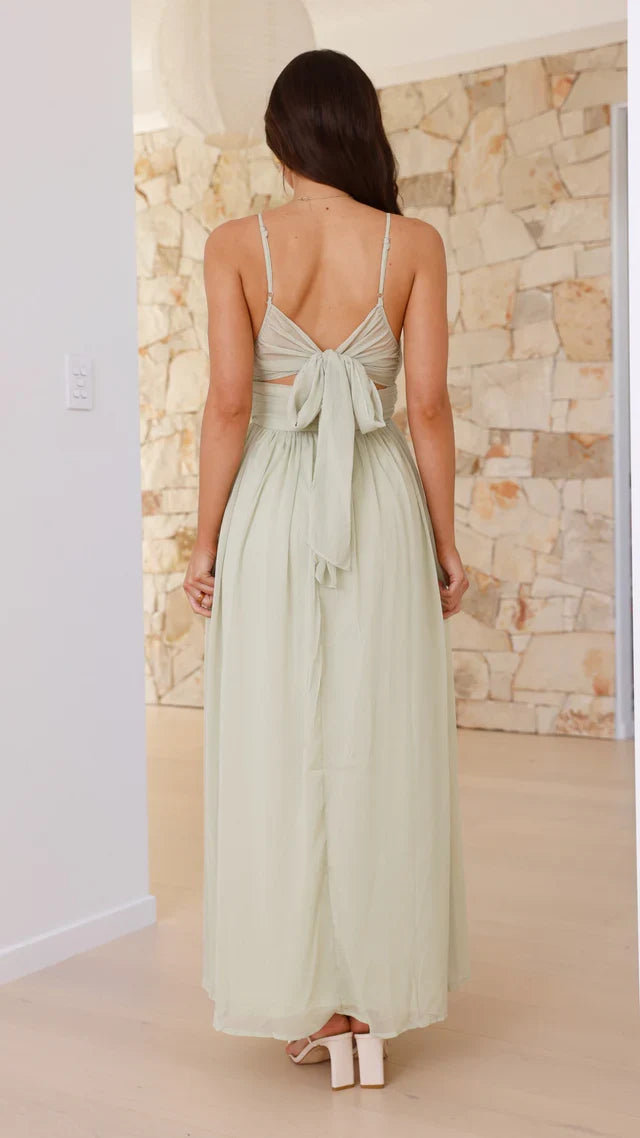 V-neck slim shoulder strap backless and floor length Prom dress