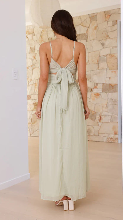 V-neck slim shoulder strap backless and floor length Prom dress
