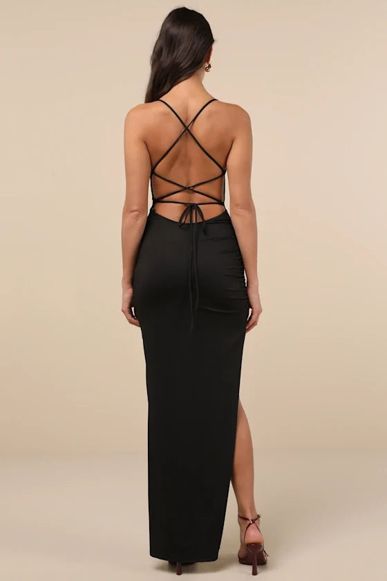 square neckline off shoulder sleeveless side slit and floor length evening dress