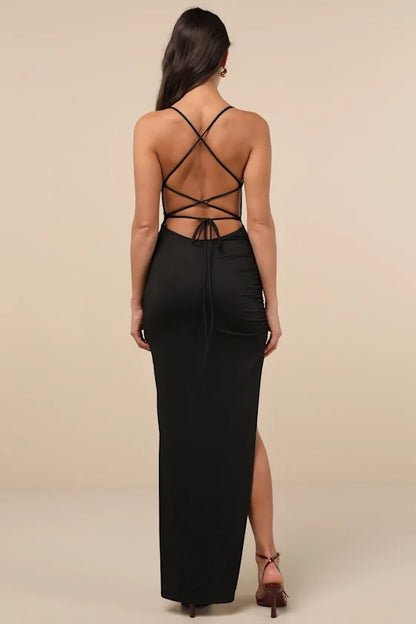 square neckline off shoulder sleeveless side slit and floor length evening dress