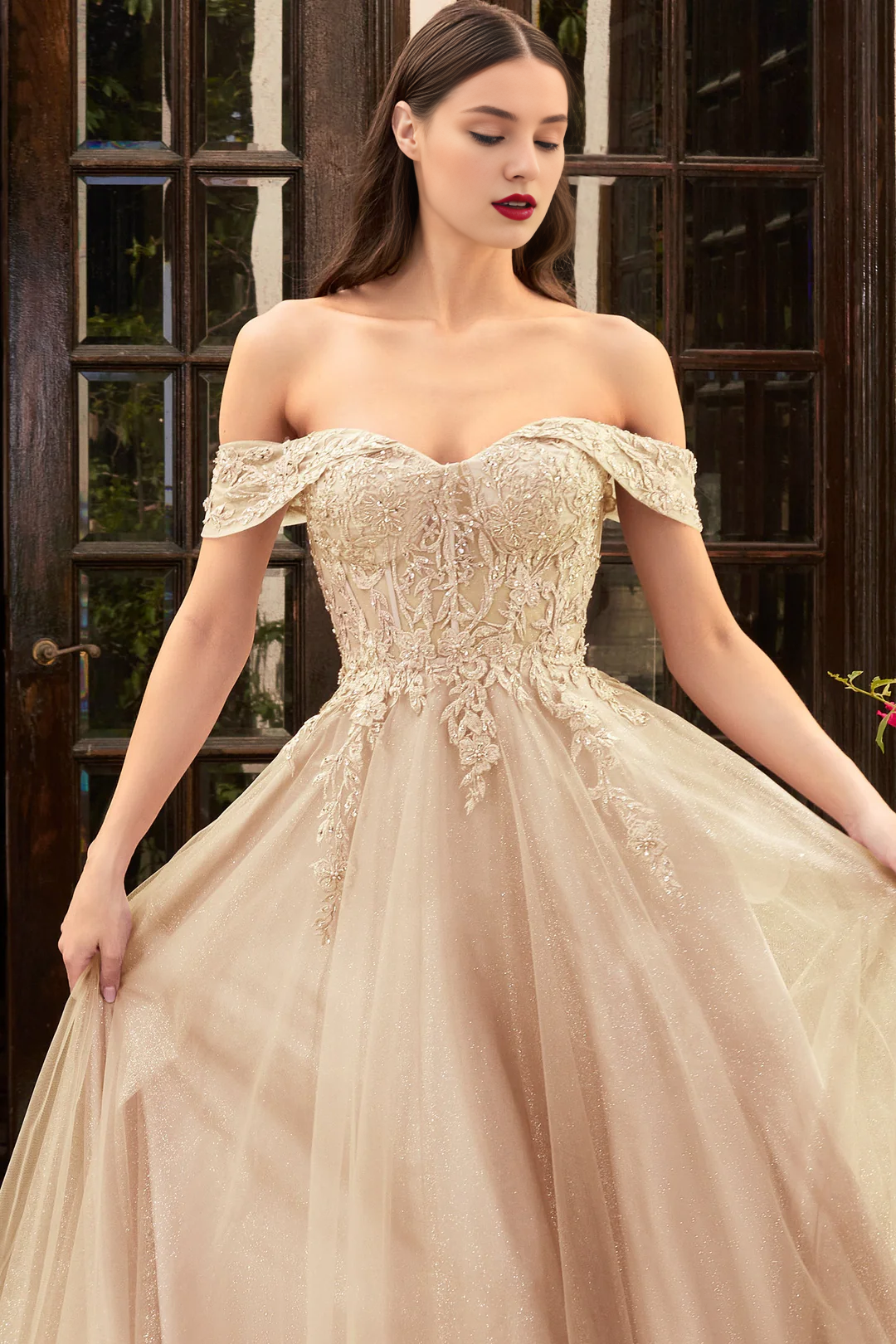 Lace applique short sleeved long off shoulder dress