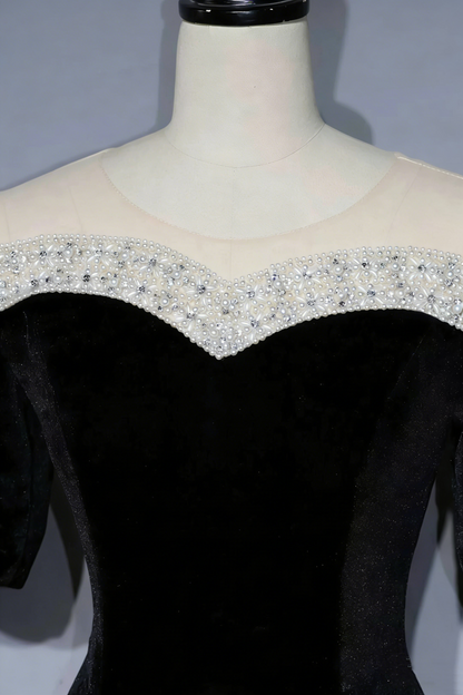 Elegant Black Velvet Mother of the Bride Dress Beaded Illusion Neck Half Sleeve Mermaid Evening Gown gh7103