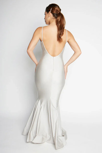 Mermaid V collar off shoulder sleeveless thin shoulder strap off back and floor length Prom dress