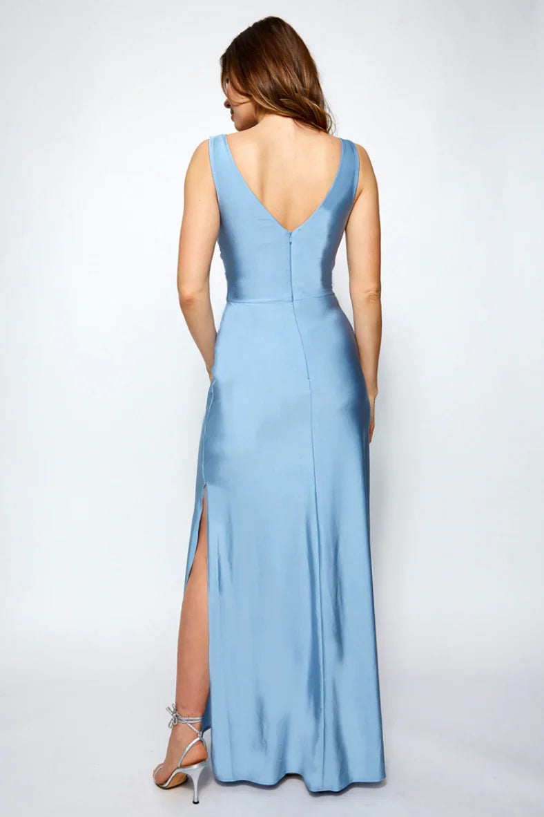 V-neck off shoulder sleeveless backless side slit and floor length Prom dress