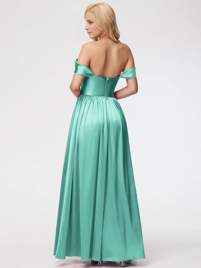 off shoulder satin and floor length Prom dress