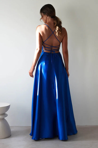 Thin shoulder strap square collar exposed back side slit and floor length Prom Dress - Dress