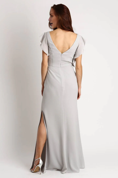 boat neckline short sleeved backless side slit and floor length evening dress