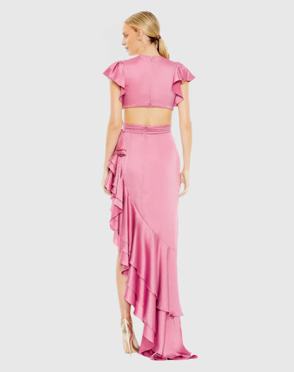 Ruffle sleeves hollow asymmetric ruffled floor-length evening dress