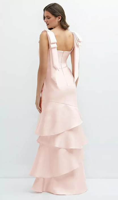 Asymmetric layered skirt with bow shoulder satin Prom dress